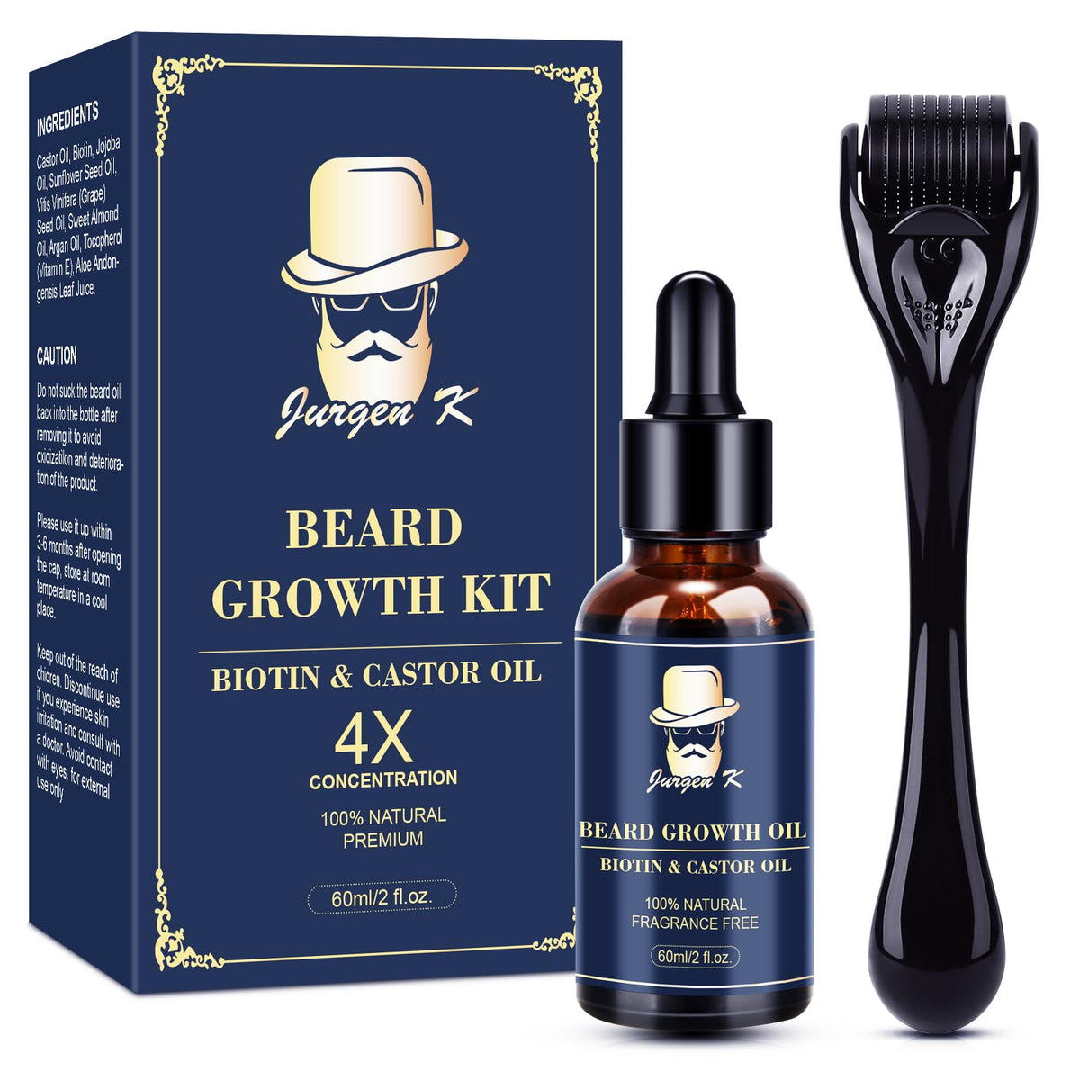 Jurgen K Beard Growth Kit packaging shown as a complete grooming solution.