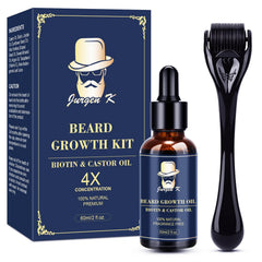 Jurgen K Beard Growth Kit packaging shown as a complete grooming solution.