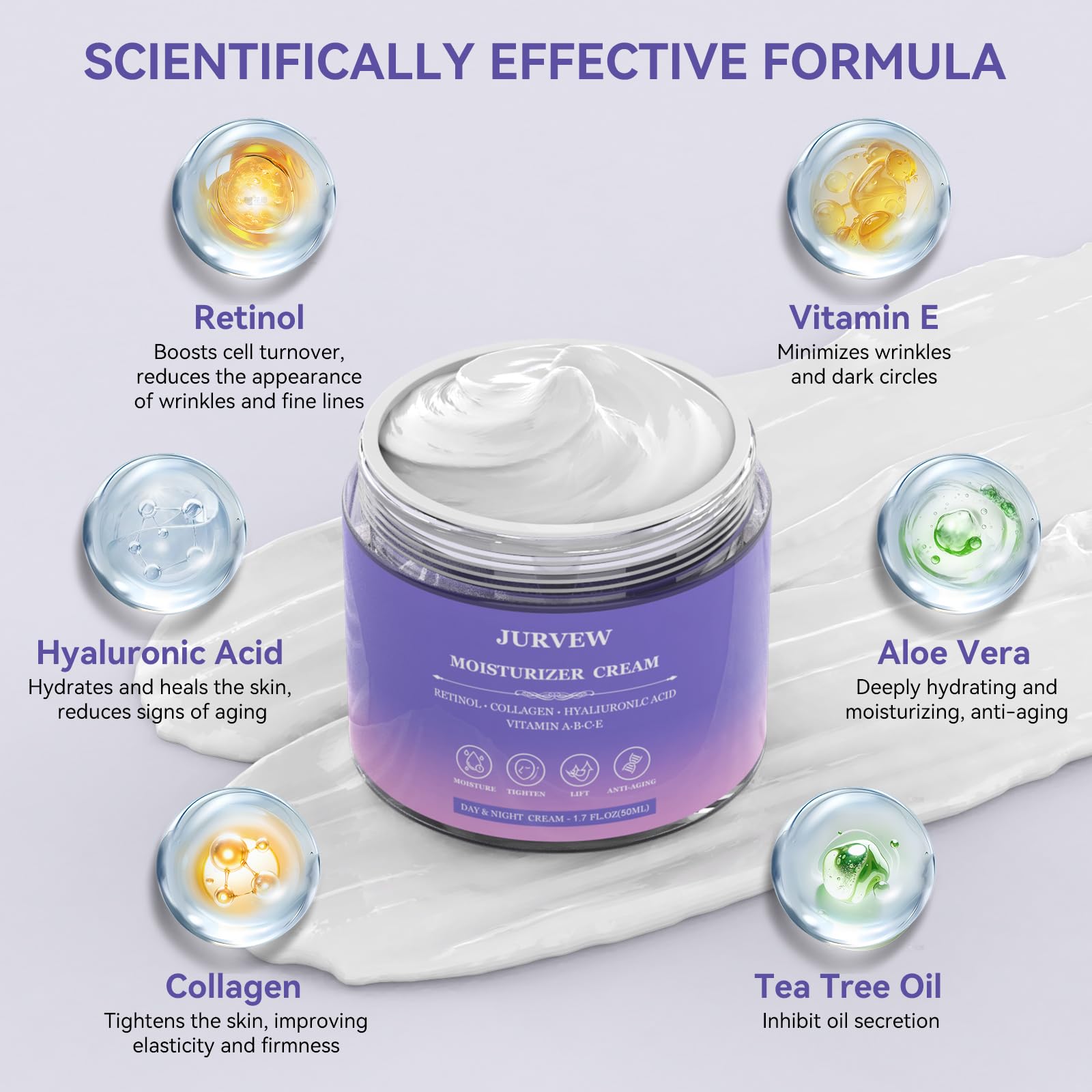 JURVEW retinol cream refines pores for smoother facial texture.