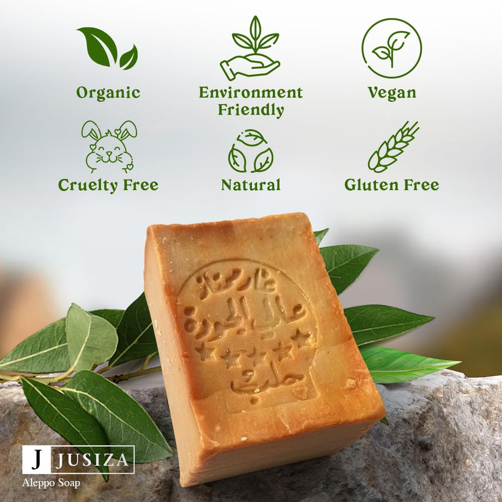 JUSIZA Aleppo soap olive oil detail showcasing skin nourishment and hydration.