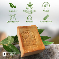 JUSIZA Aleppo soap olive oil detail showcasing skin nourishment and hydration.