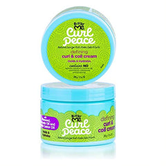 Just For Me Curl Peace cream jar texture emphasizes rich, lightweight formula.