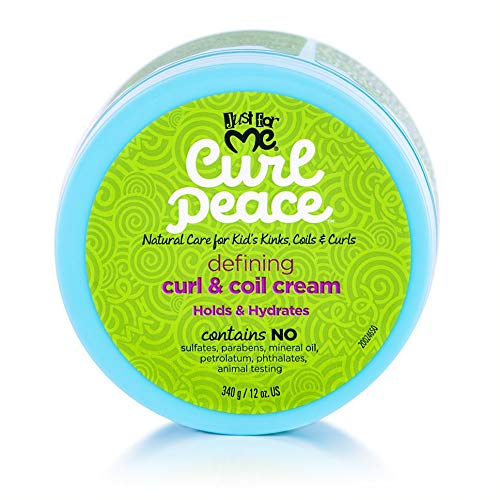 Just For Me Curl Peace label closeup highlights natural ingredients for healthy hair.