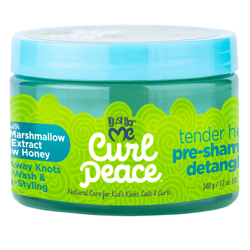 Just For Me Curl Peace Detangling Treatment shown on hair during detangling for smoother results.