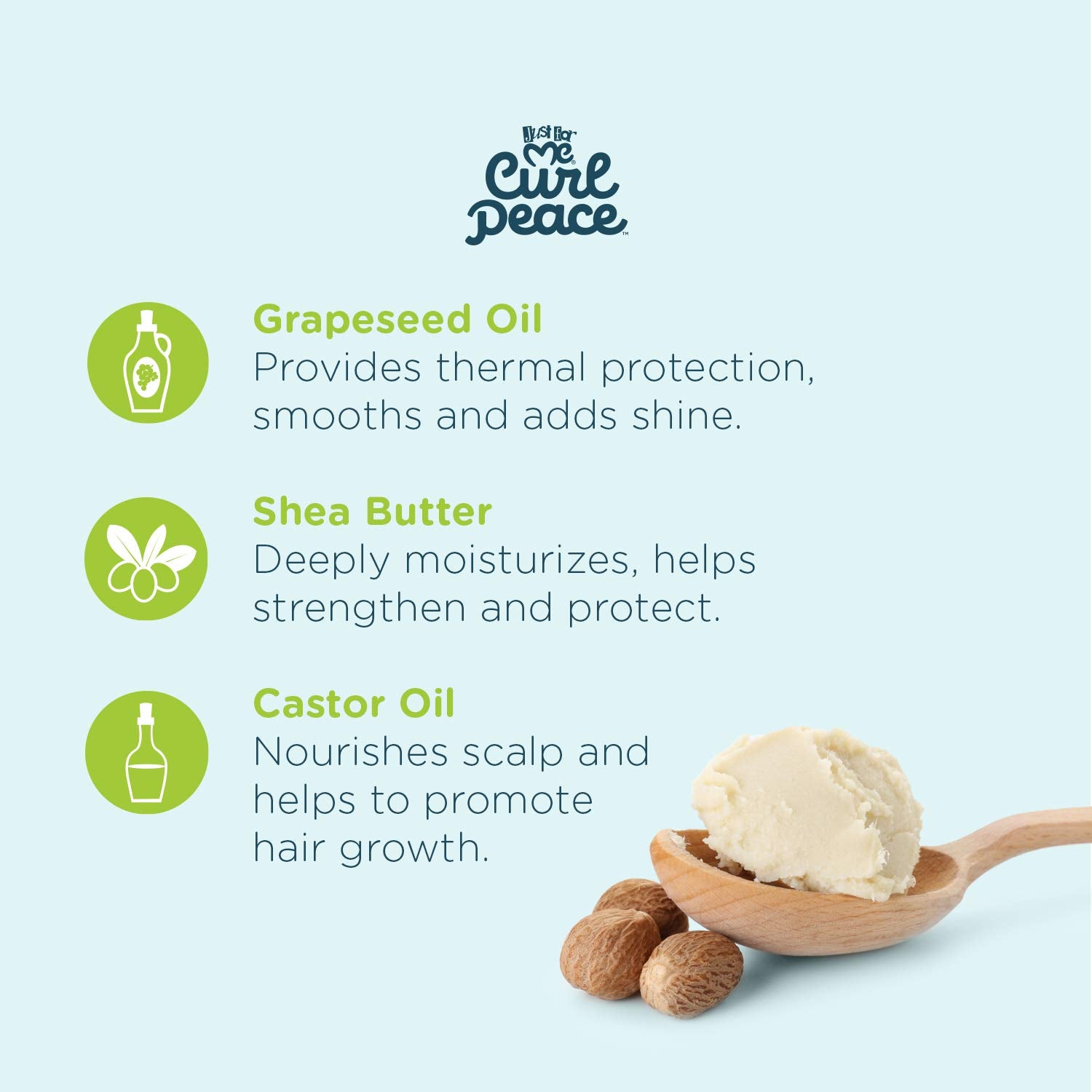 Just For Me Curl Peace scalp care image highlights hydrating formula for scalp comfort.