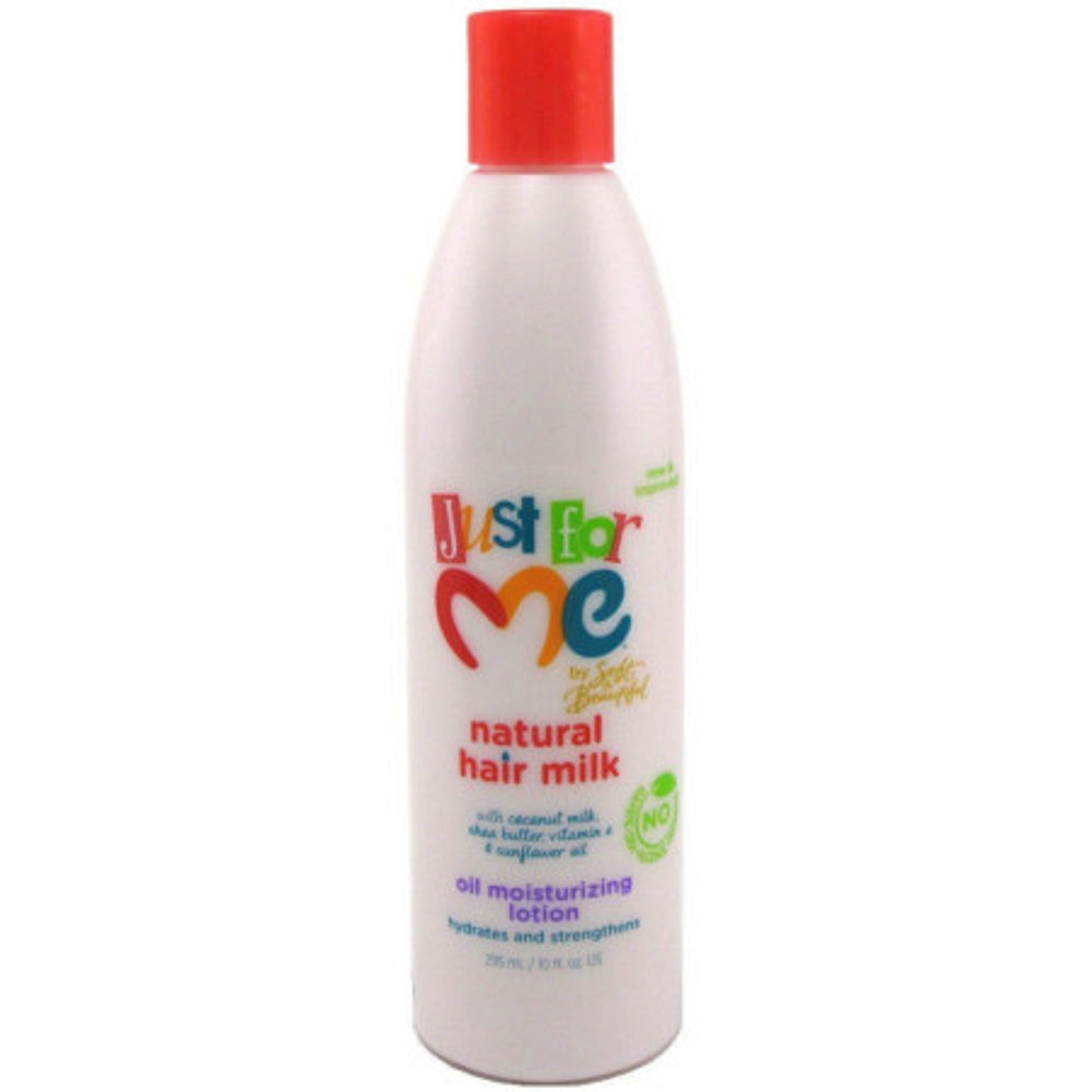 Just For Me Hair Milk Oil bottle closeup showing creamy texture for easy application