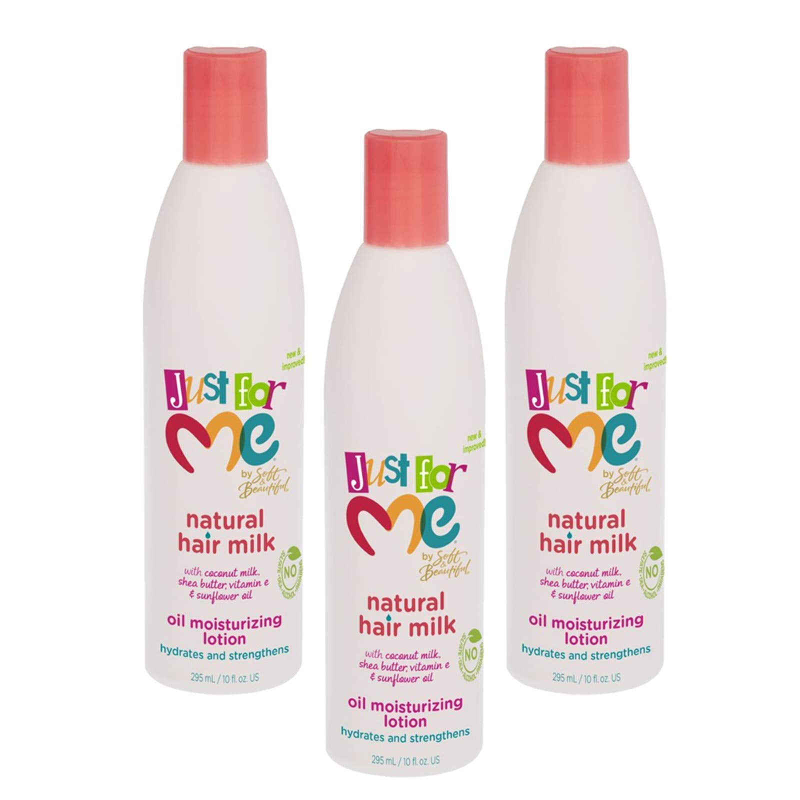 Just For Me Natural Hair Milk Lotion packaging front displays three-pack value and hydration.