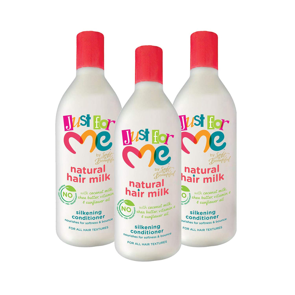 Just For Me Natural Hair Milk Silkening Conditioner bottle shows smooth, detangled potential for curls.