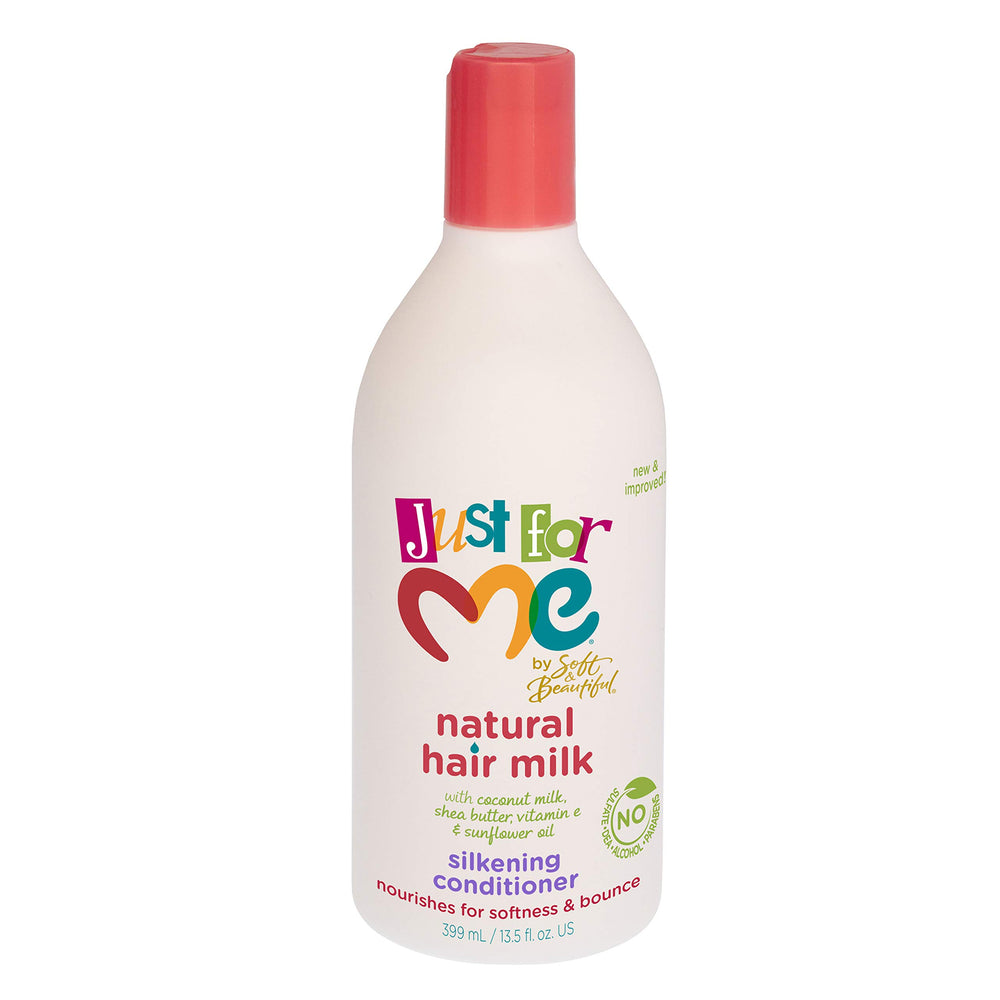 Just For Me conditioner pump shown for easy, consistent application on wet hair.