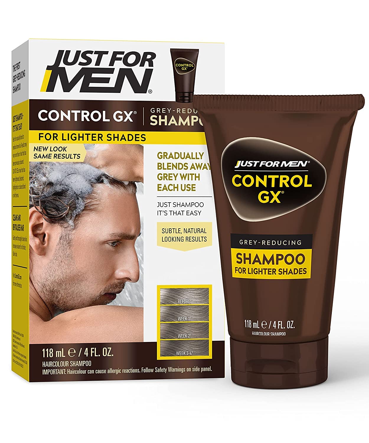 Just for Men Control GX shampoo bottle close-up showing grey reduction over time