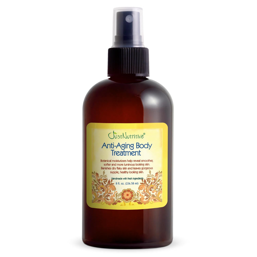 Just Nutritive anti-aging body treatment bottle pouring for easy hydration.
