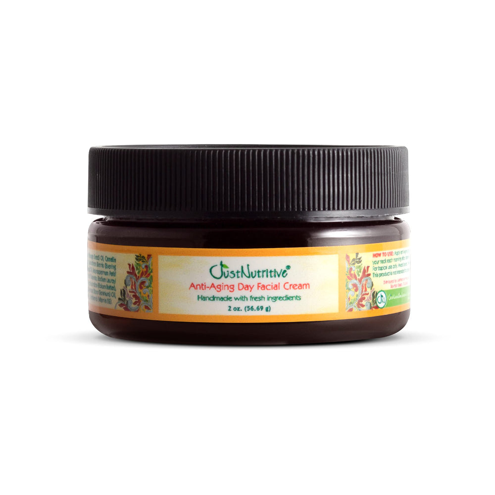 Just Nutritive anti-aging day cream jar closeup highlighting hydrating texture.