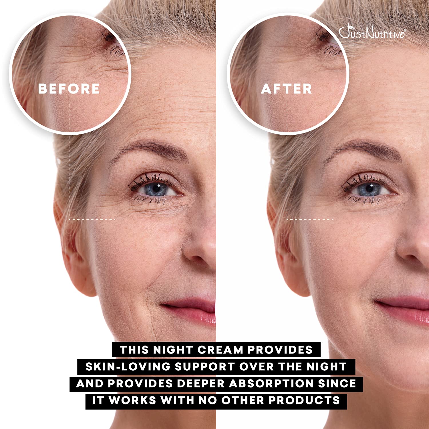 Just Nutritive anti-aging night cream on bathroom counter ready for nightly use