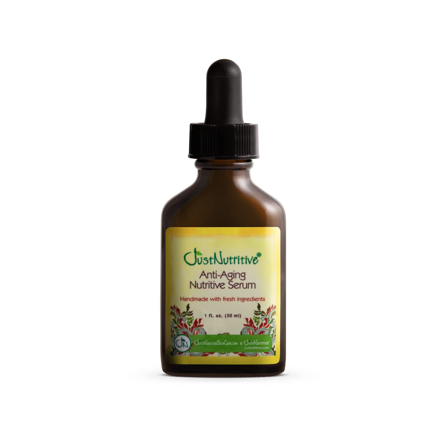 Just Nutritive anti-aging serum bottle showing a lightweight formula for smoother, more radiant skin
