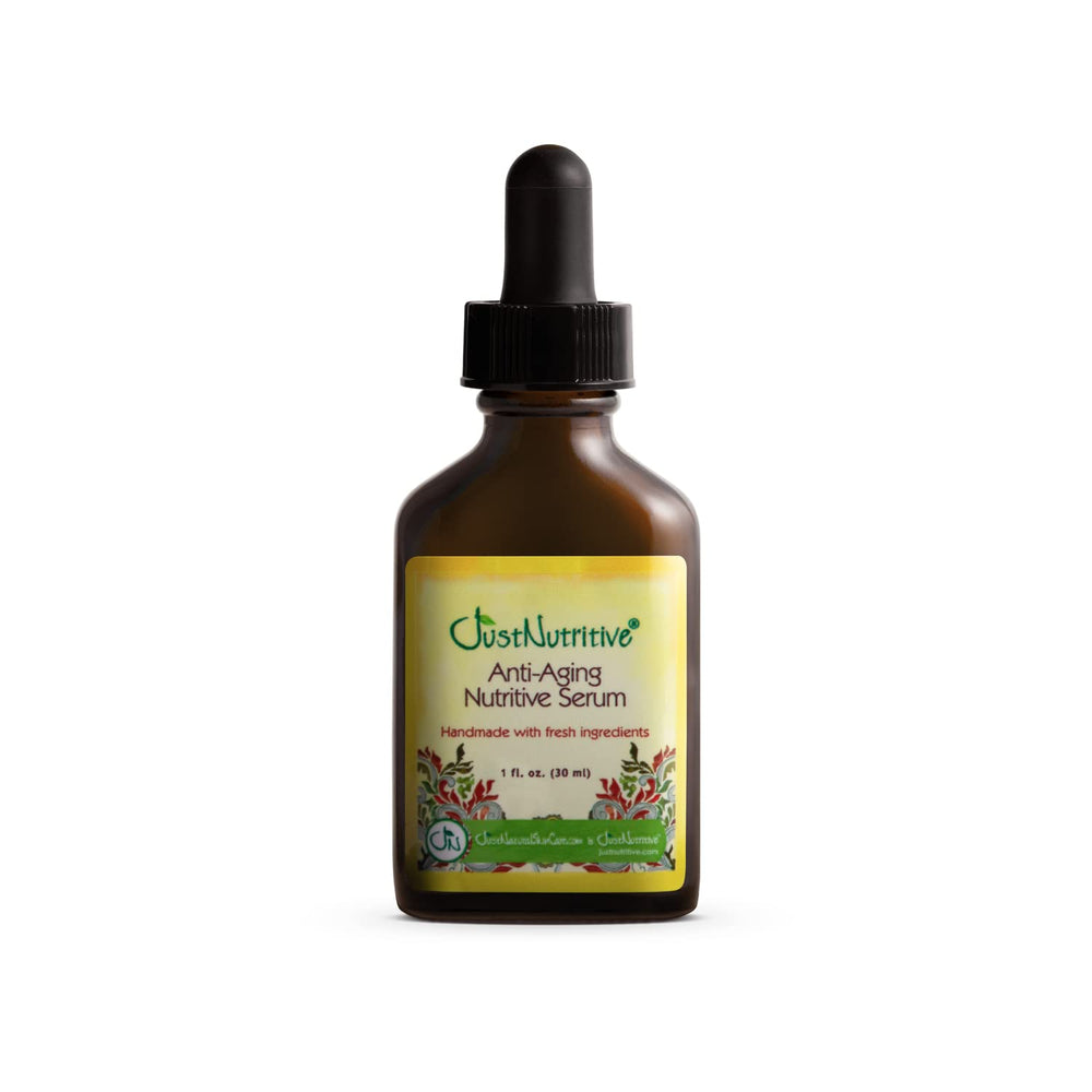 Just Nutritive anti-aging serum bottle showing a lightweight formula for smoother, more radiant skin