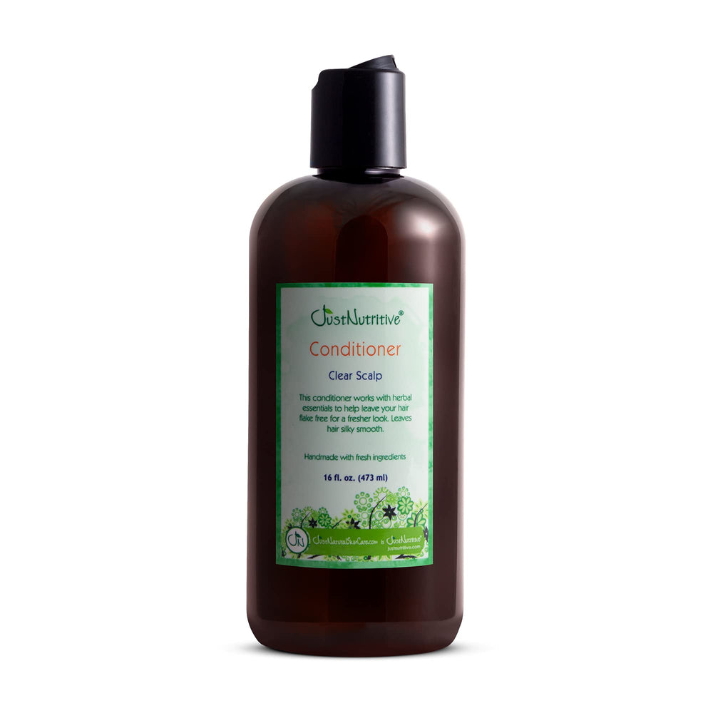 Just Nutritive Clear Scalp Conditioner bottle pour relieves flaking and hydrates a dry scalp