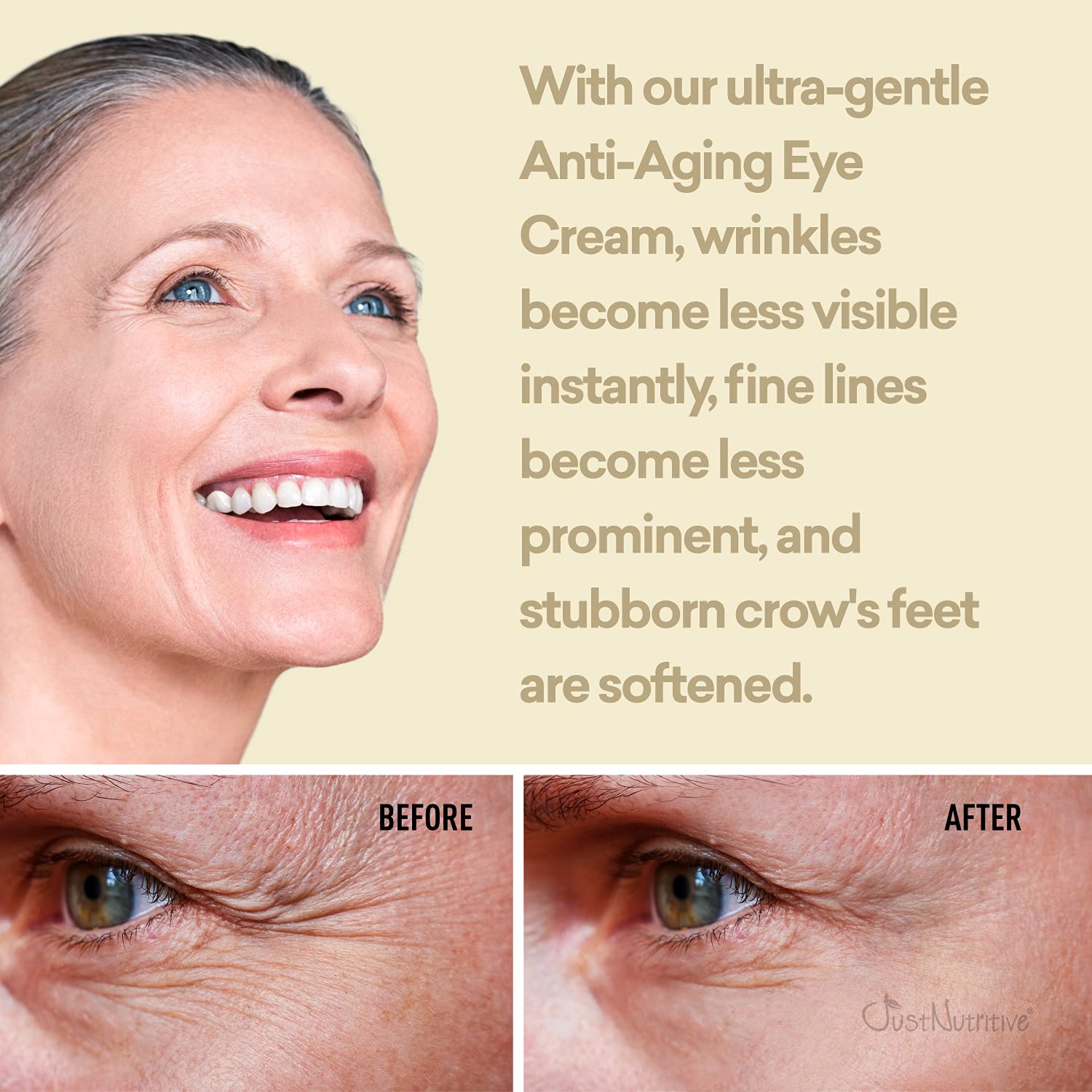 Just Nutritive eye cream texture swatch on skin with a natural glow.