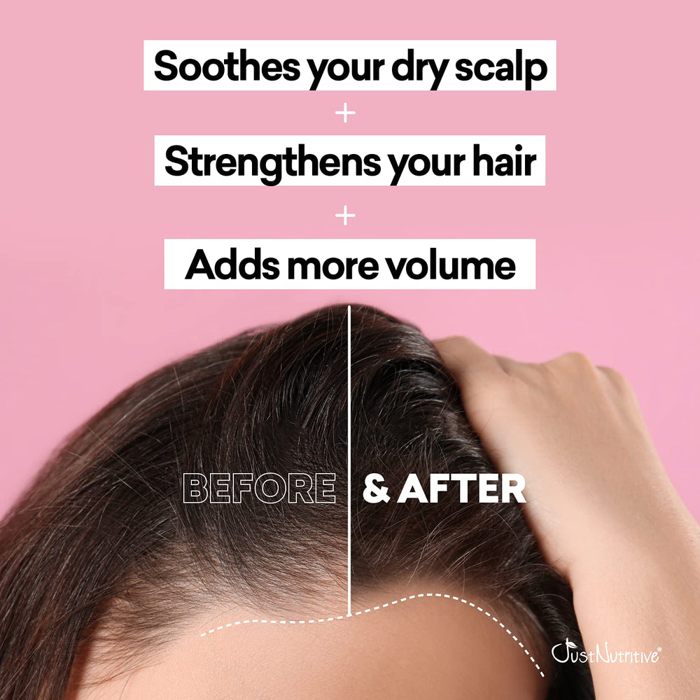 Just Nutritive Grow New Hair Treatment ingredients pack highlights antioxidants for scalp nourishment.