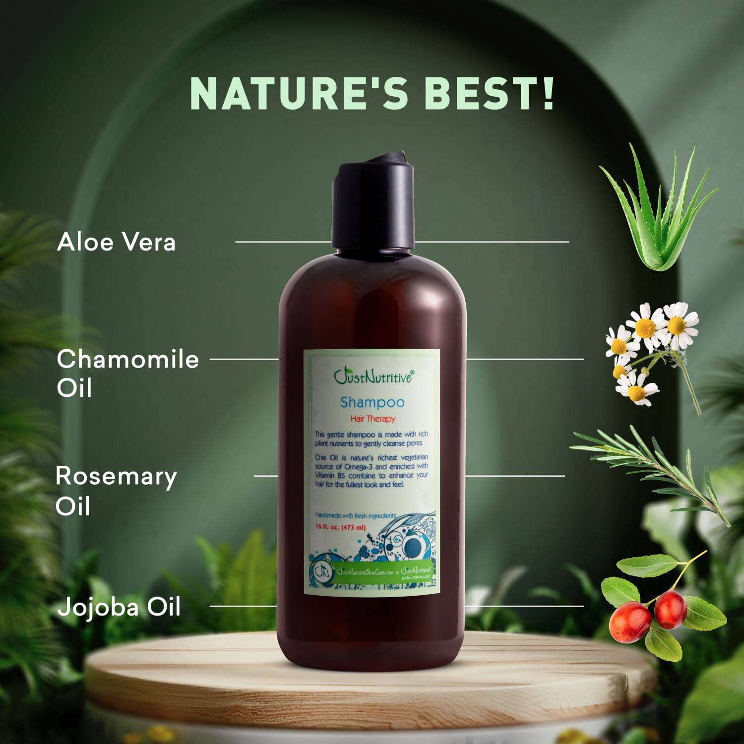 Just Nutritive Hair Loss Shampoo bottle on bathroom shelf, ready for routine use.