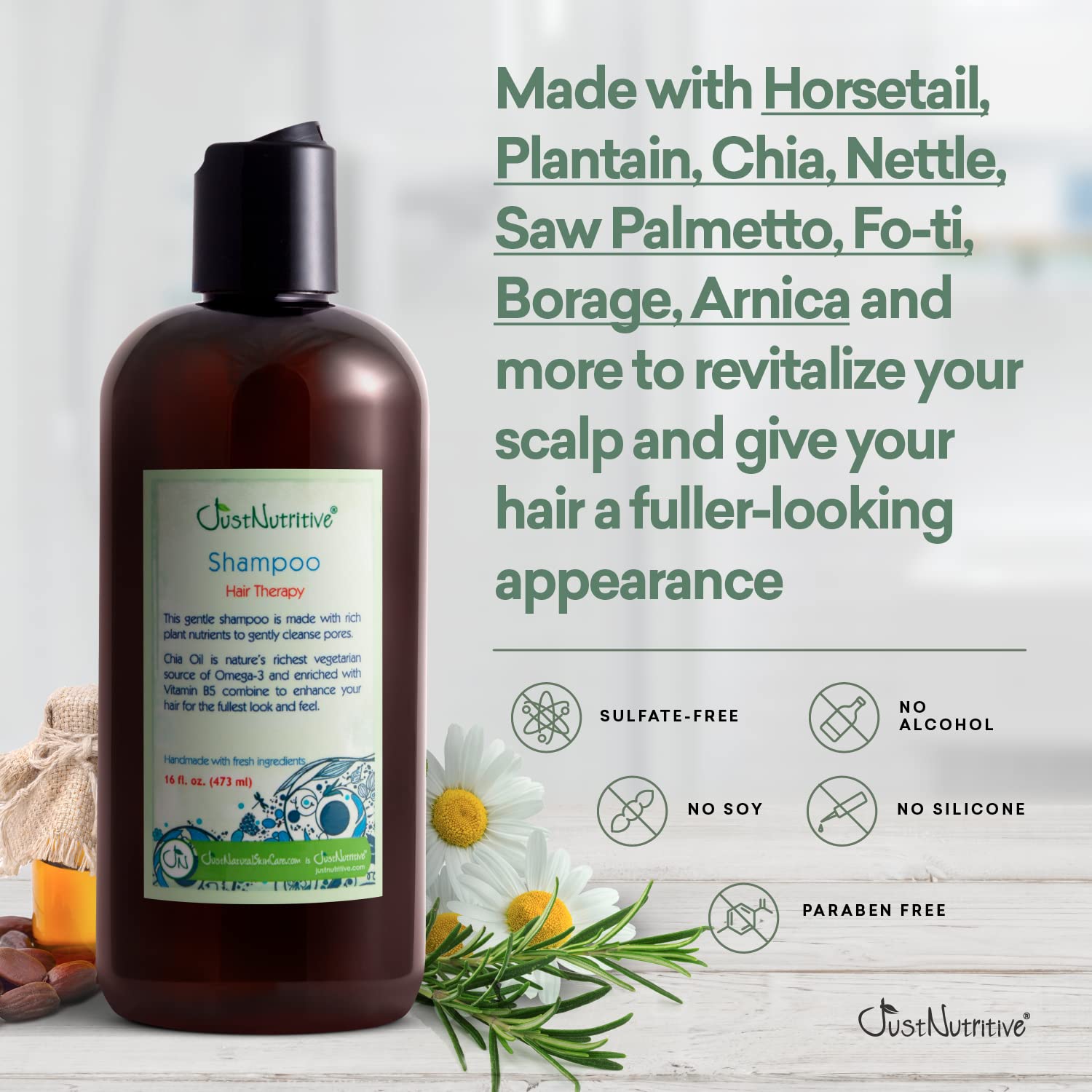 Just Nutritive Hair Loss Shampoo ingredient closeup, featuring herbal extracts and minerals.