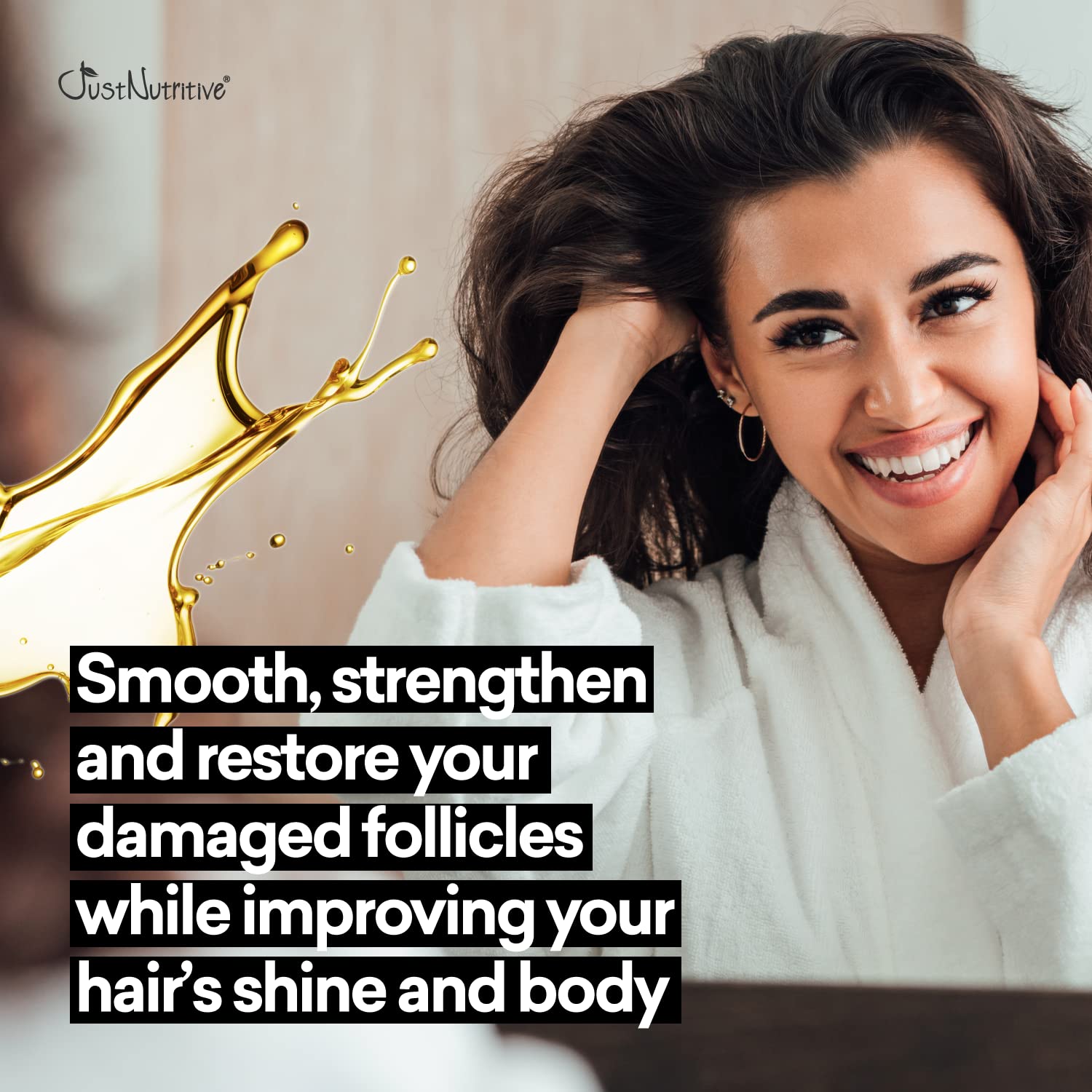 Just Nutritive Hair Loss Shampoo label closeup highlighting key ingredients for scalp care.