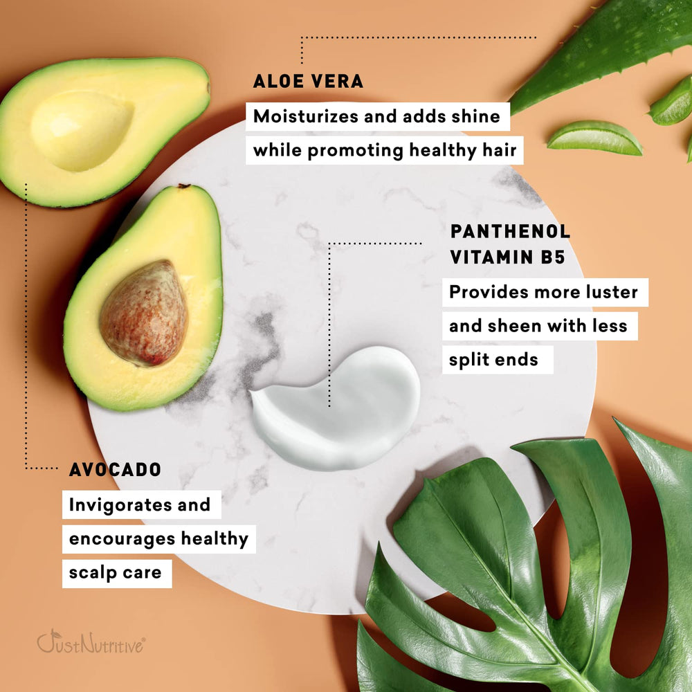Close-up of herbal extracts suggests natural ingredients support volume and softness.