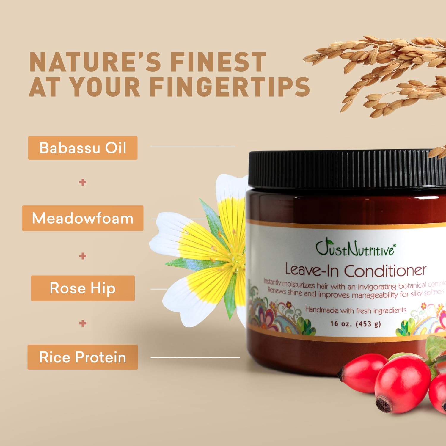 Just Nutritive Leave-In Natural Ingredients highlights botanical emollients.