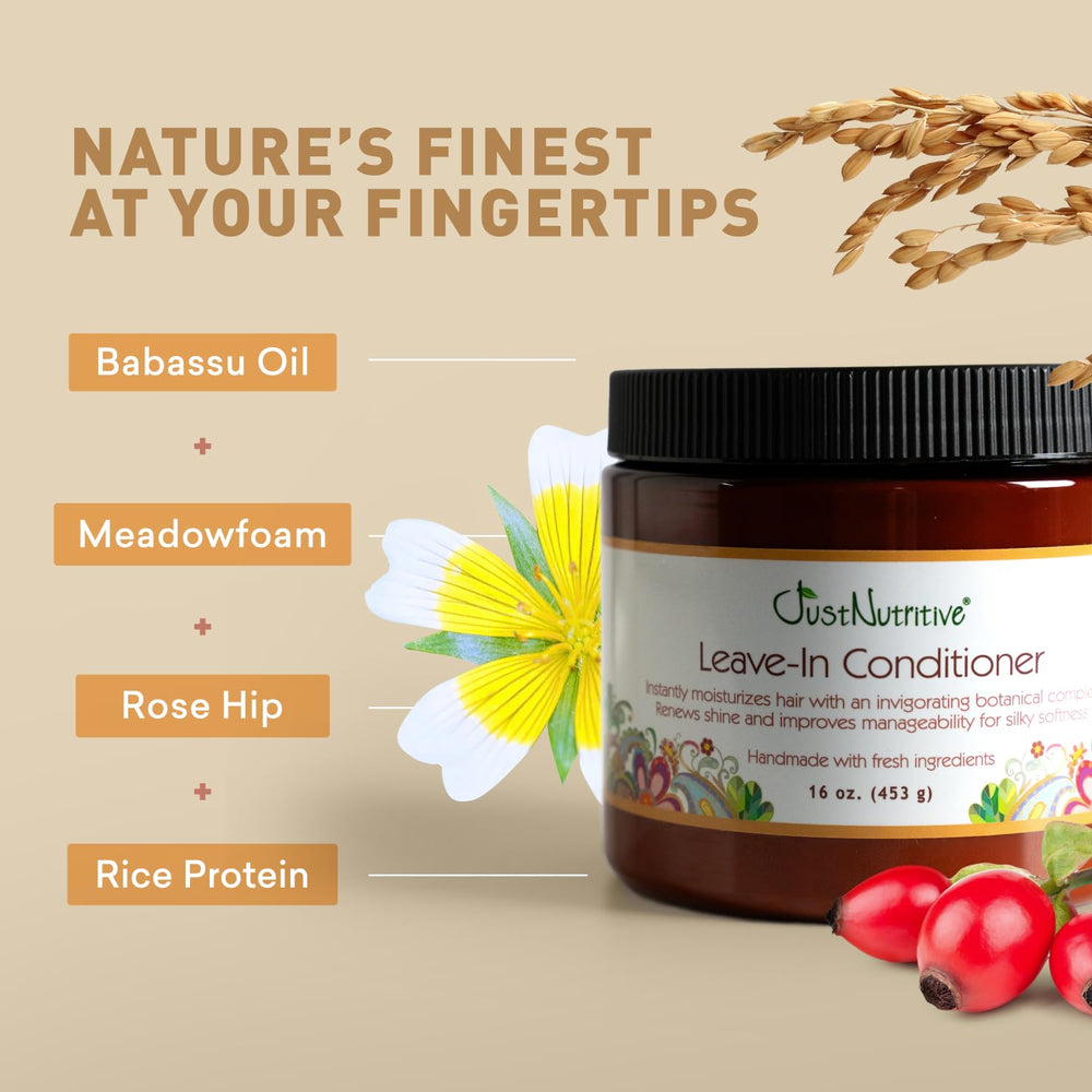 Just Nutritive Leave-In Natural Ingredients highlights botanical emollients.