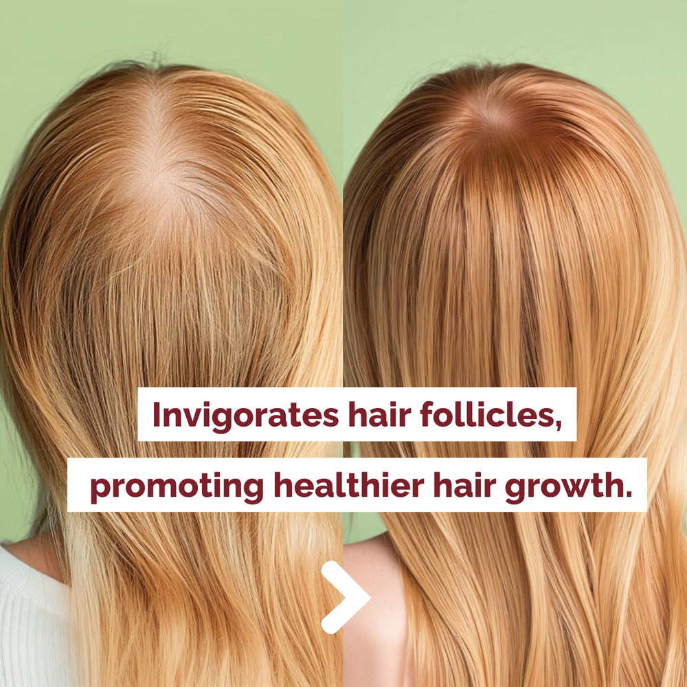 Ingredients panel showing onion and rosemary oils for scalp nourishment