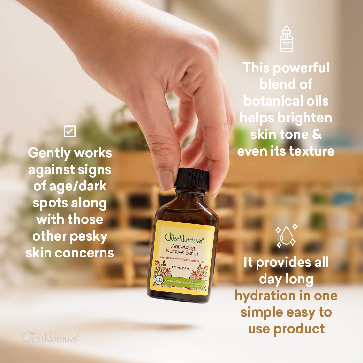 Just Nutritive serum-on-hand showcases even coverage for hands, supporting a youthful complexion