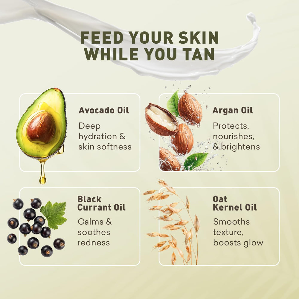 Sun-kissed skin swatch with Just Nutritive glow from indoor tanning lotion.