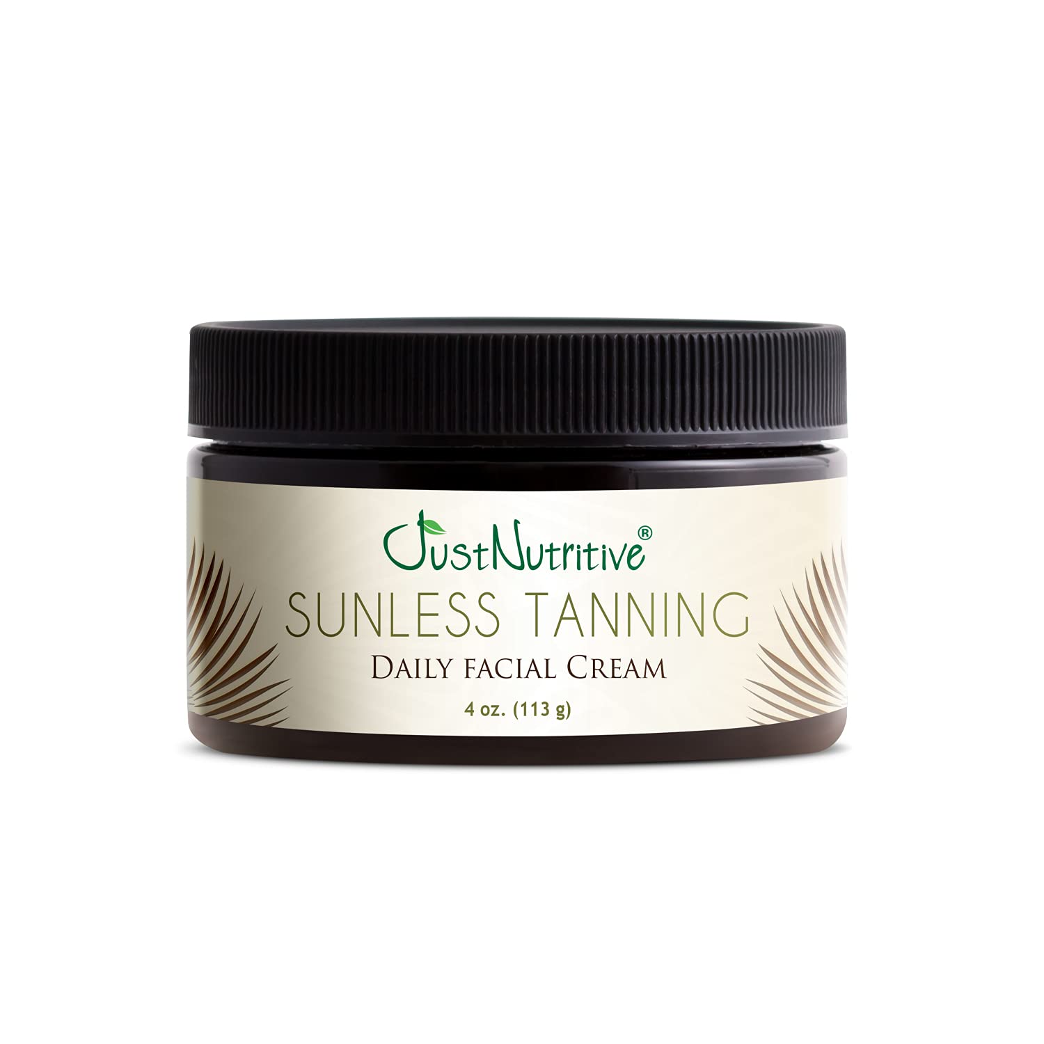 Just Nutritive sunless daily facial cream bottle label close-up for premium self-tanning.
