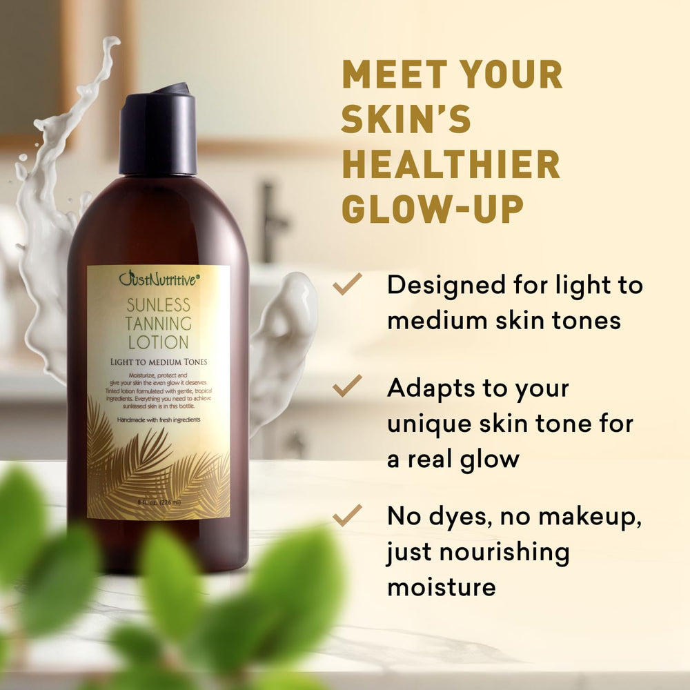 Person applying Just Nutritive lotion for seamless, no-rinse tanning routine.