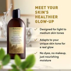 Person applying Just Nutritive lotion for seamless, no-rinse tanning routine.