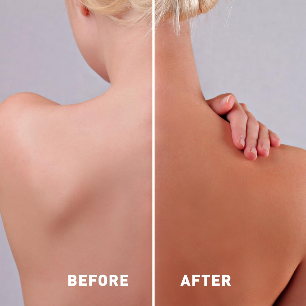 Model wearing Just Nutritive sunless tan showing even tone and natural radiance.