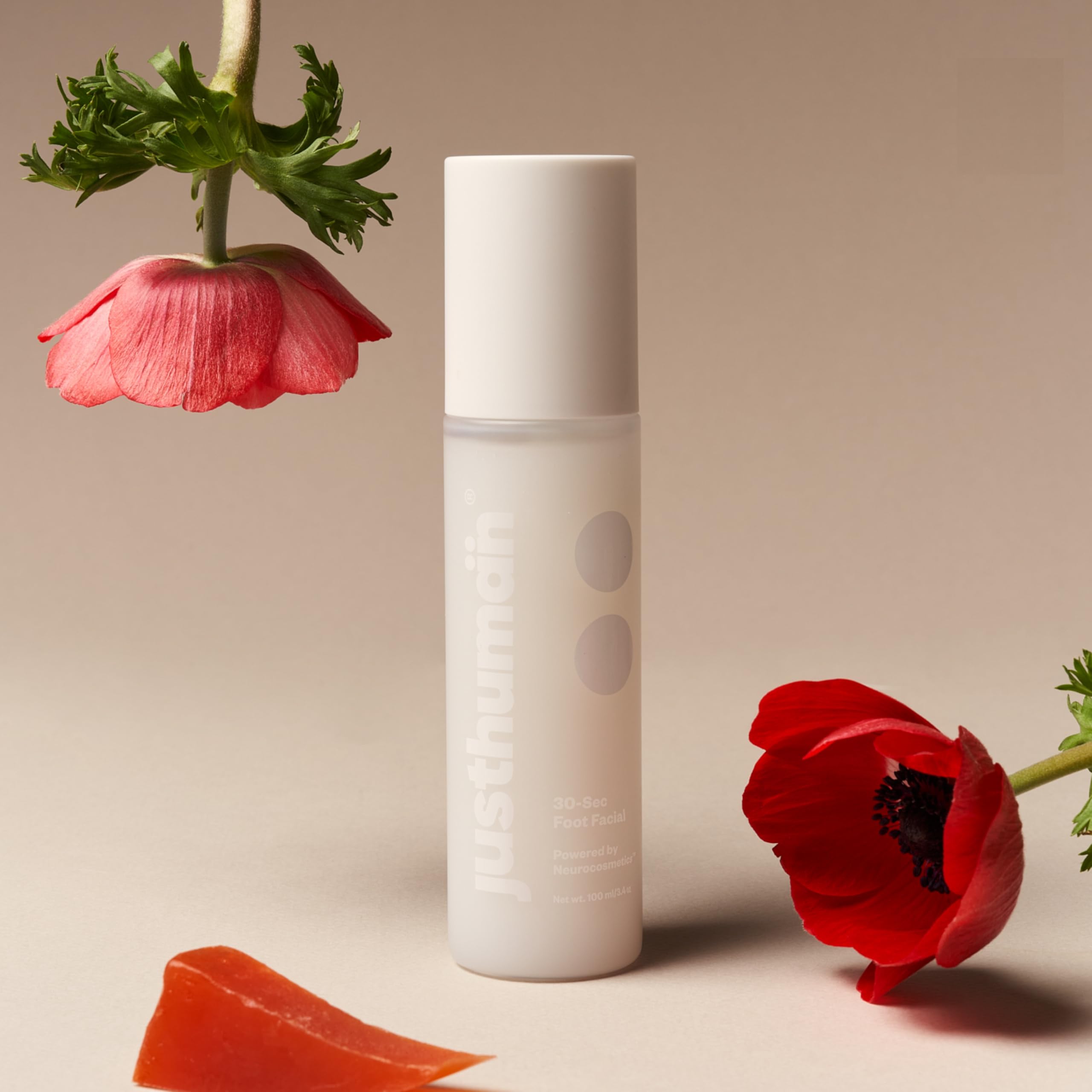 JustHuman 30 Sec Foot Facial bottle pour shows fast exfoliation for smoother feet.