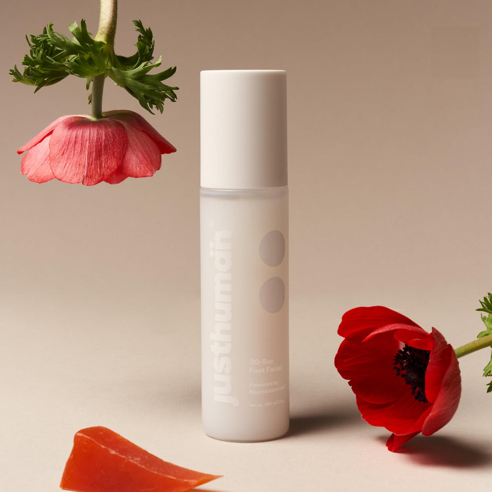 JustHuman 30 Sec Foot Facial bottle pour shows fast exfoliation for smoother feet.