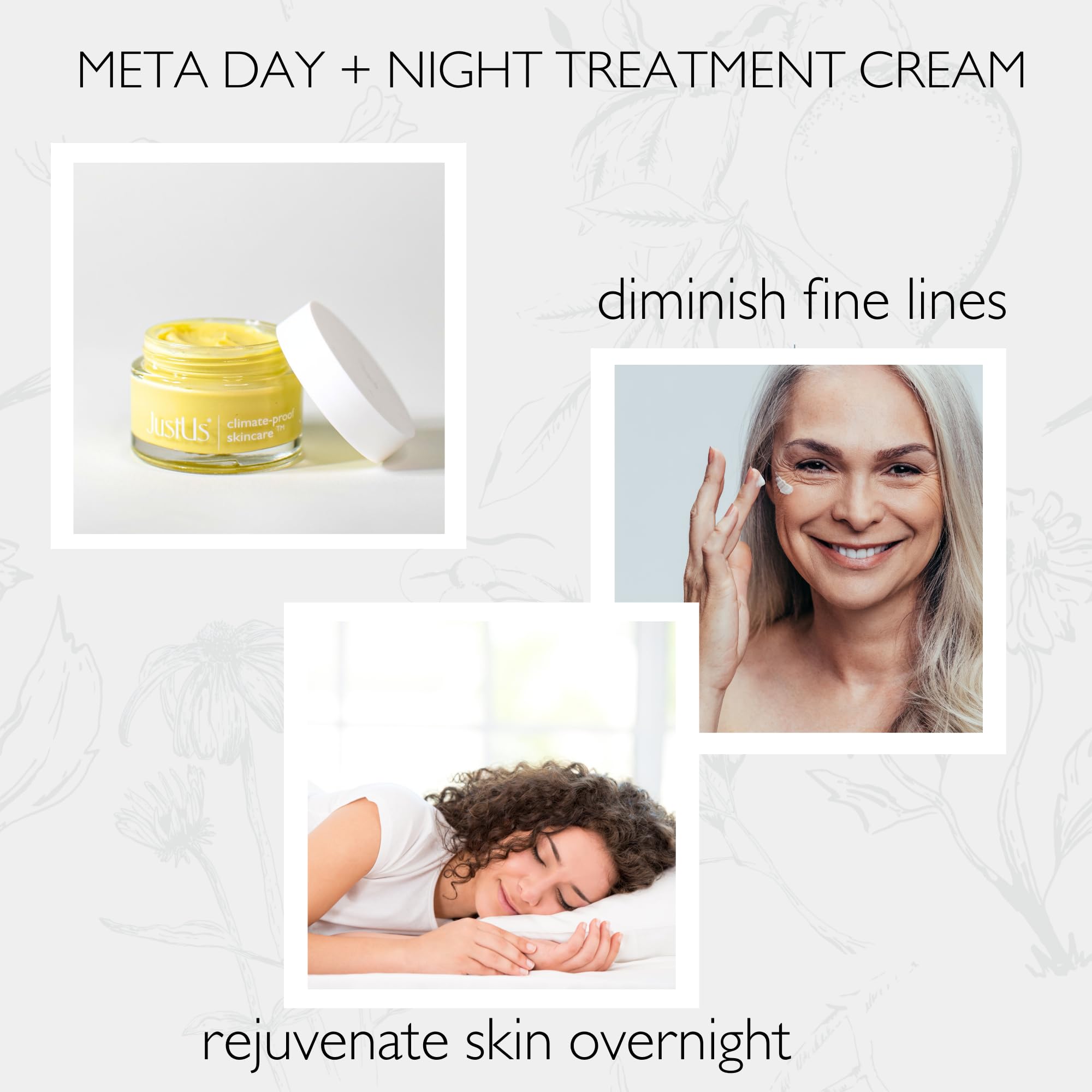 Just Us Meta Ultimate Day + Night Cream ingredients graphic with cupuaçu, bacuri, niacinamide.
