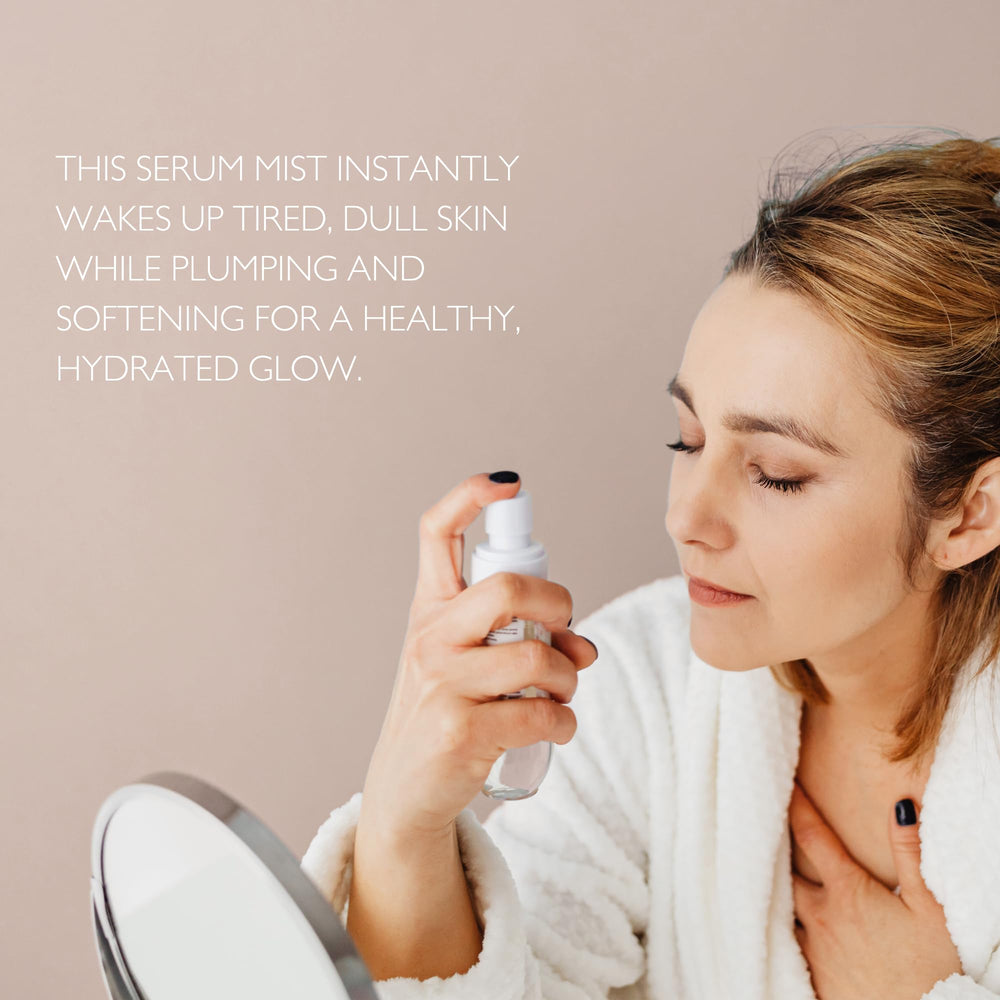 Just Us Tighten Glow Serum Mist application on skin demonstrates even absorption