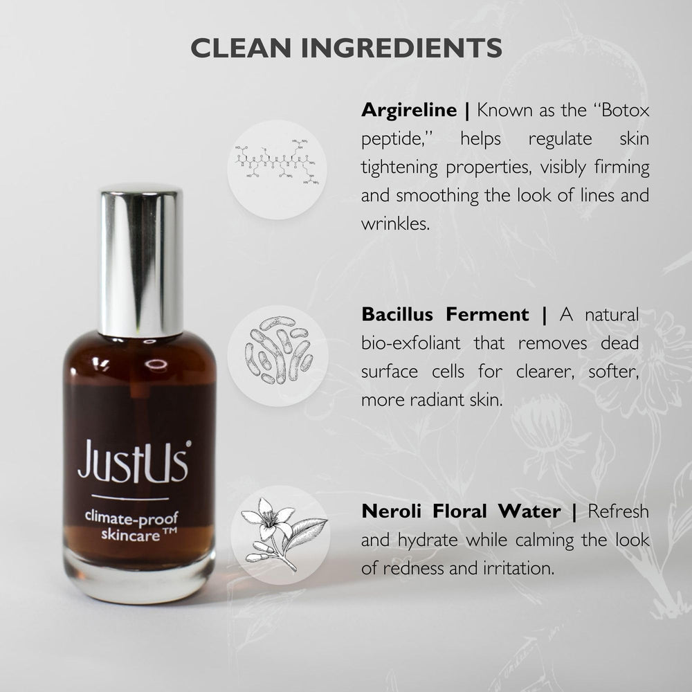 Just Us Tighten Glow Serum Mist Argireline promotes visible firming