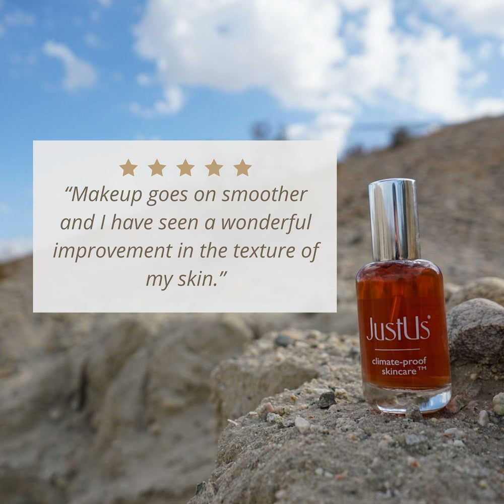 Just Us Tighten Glow Serum Mist packaging and USA-made cruelty-free values