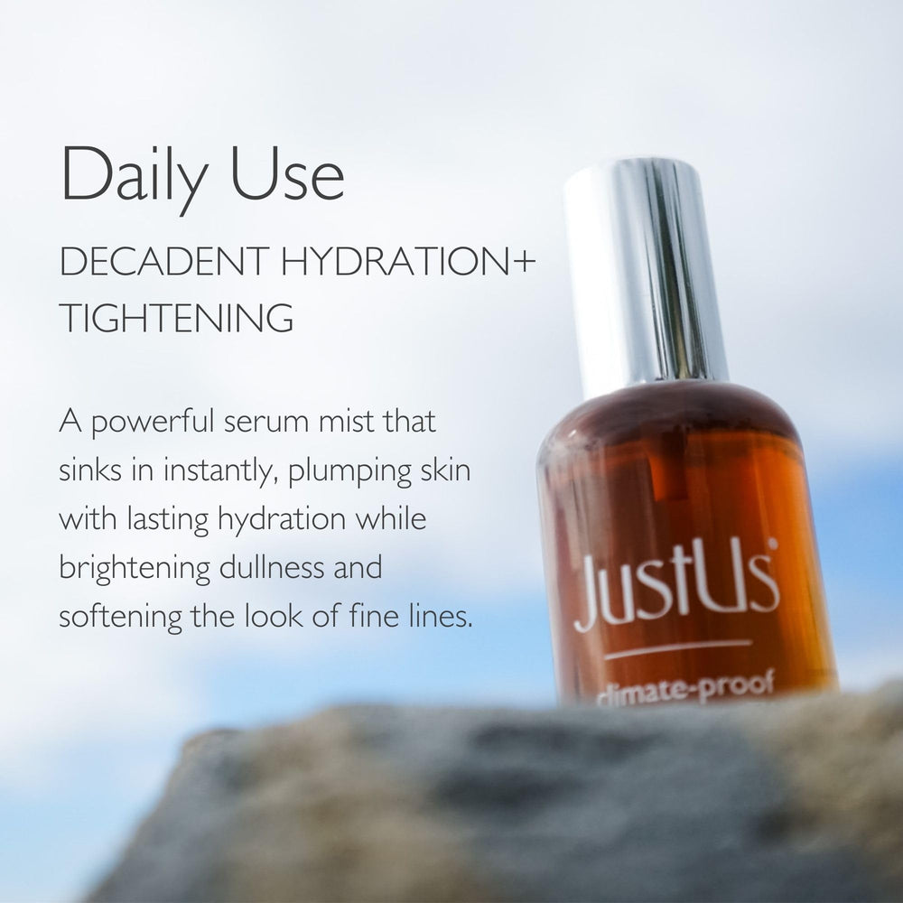 Just Us Tighten Glow Serum Mist spritz shown for quick skin refresh