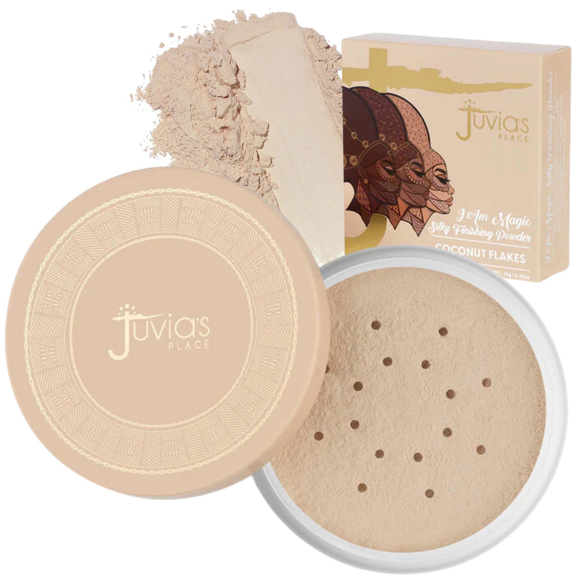 Juvia's Place I Am Magic Silky Finishing Powder Coconut Flakes jar closeup with natural matte finish.