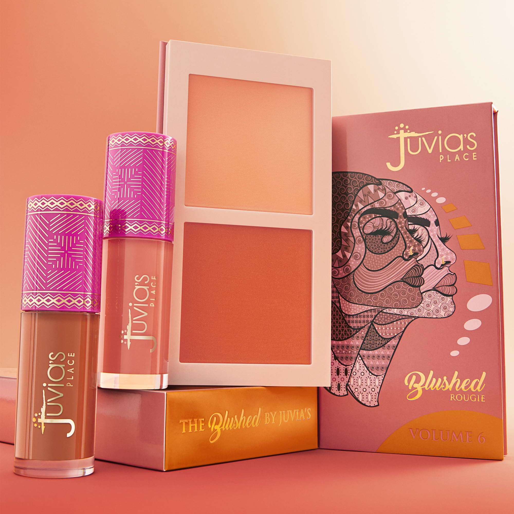 Juvia's Place Blushed Duo Volume 6 compact opens to reveal two-tone blush.