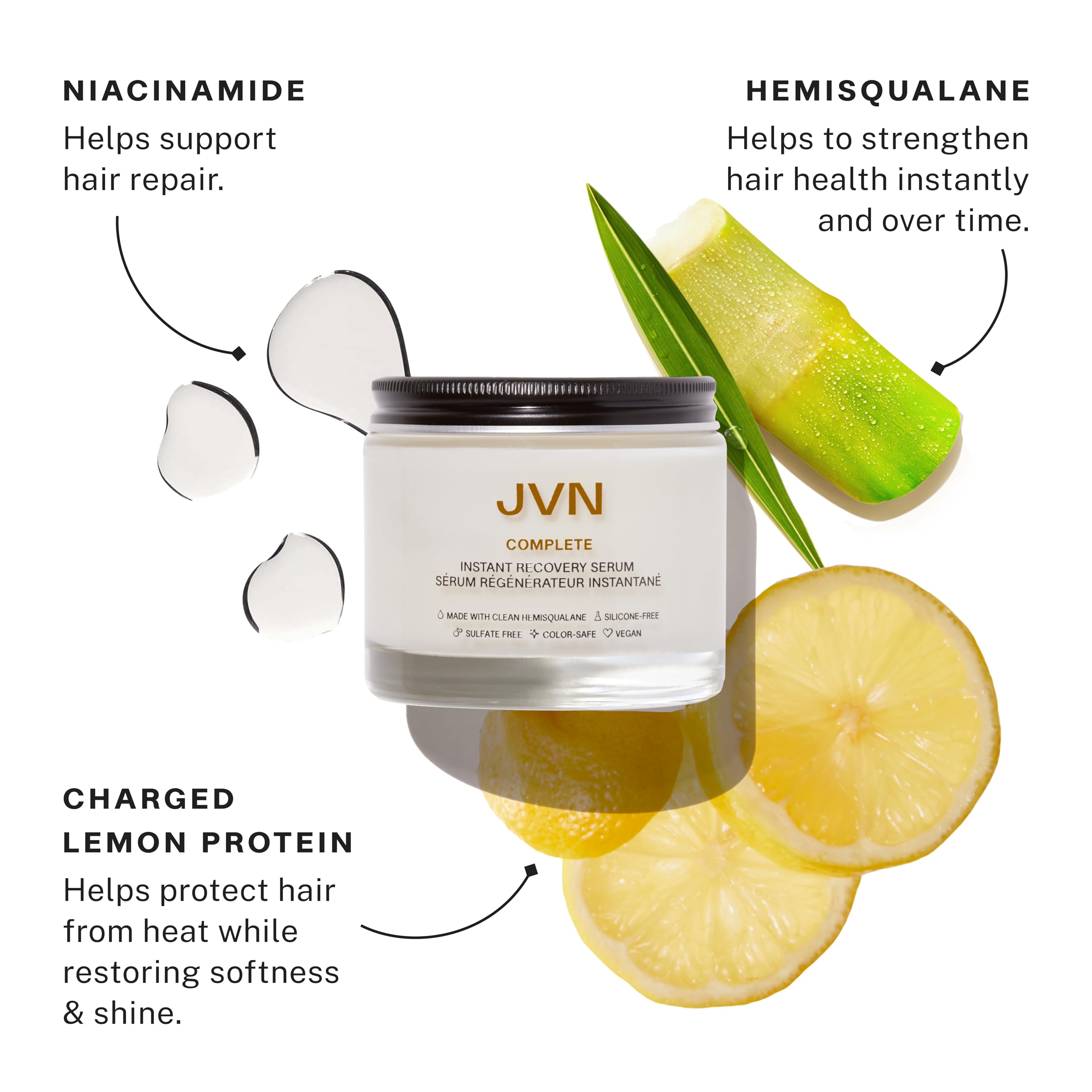 Closeup of Niacinamide and lemon protein ingredients in JVN serum.