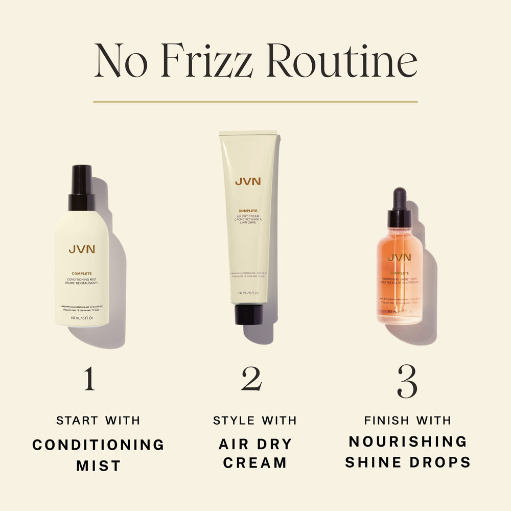 JVN Complete Leave-In Conditioning Mist dry hair use showing frizz control and day two revival.