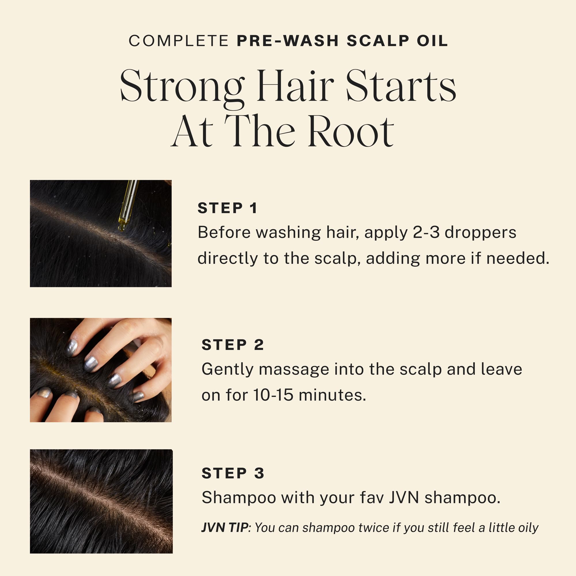 JVN scalp massage with oil demonstrates easy distribution for even coverage.