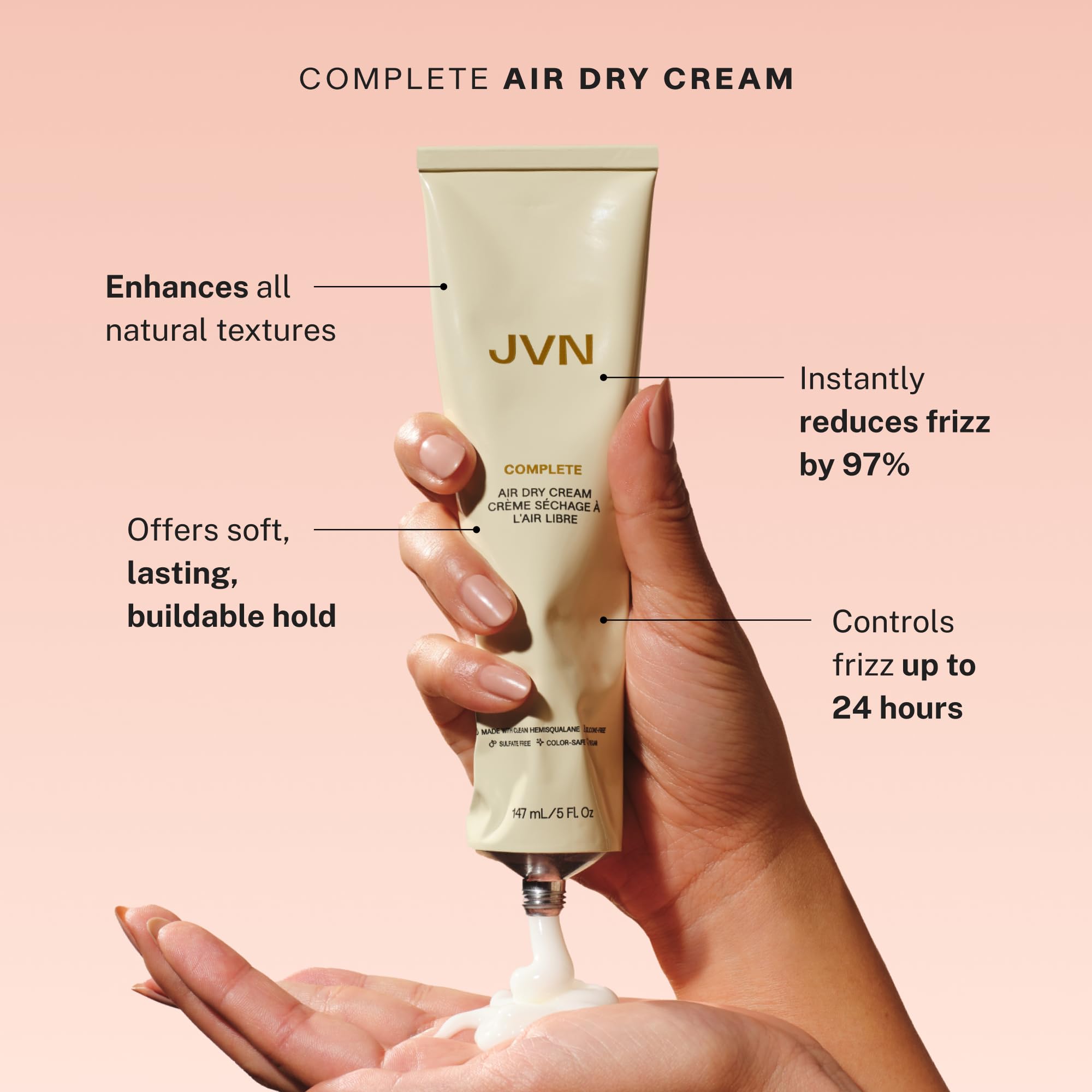 JVN Air Dry Cream application on damp hair creating soft definition and hold.