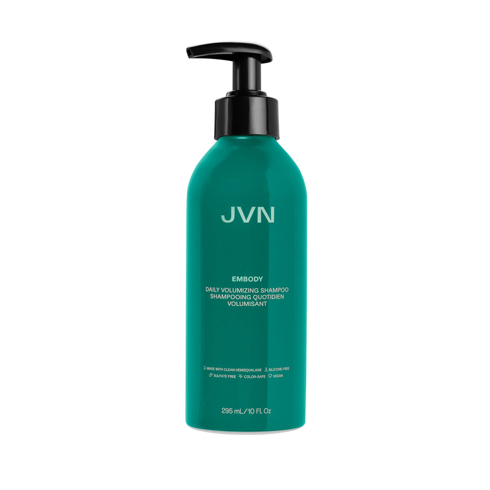 JVN Embody volumizing shampoo bottle with pump showing added fullness and shine.