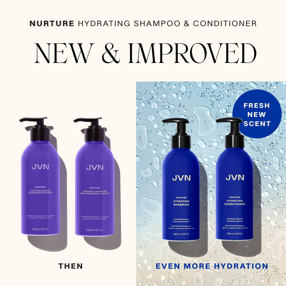 JVN Nurture Hydrating Shampoo before-after showing shinier, smoother hair